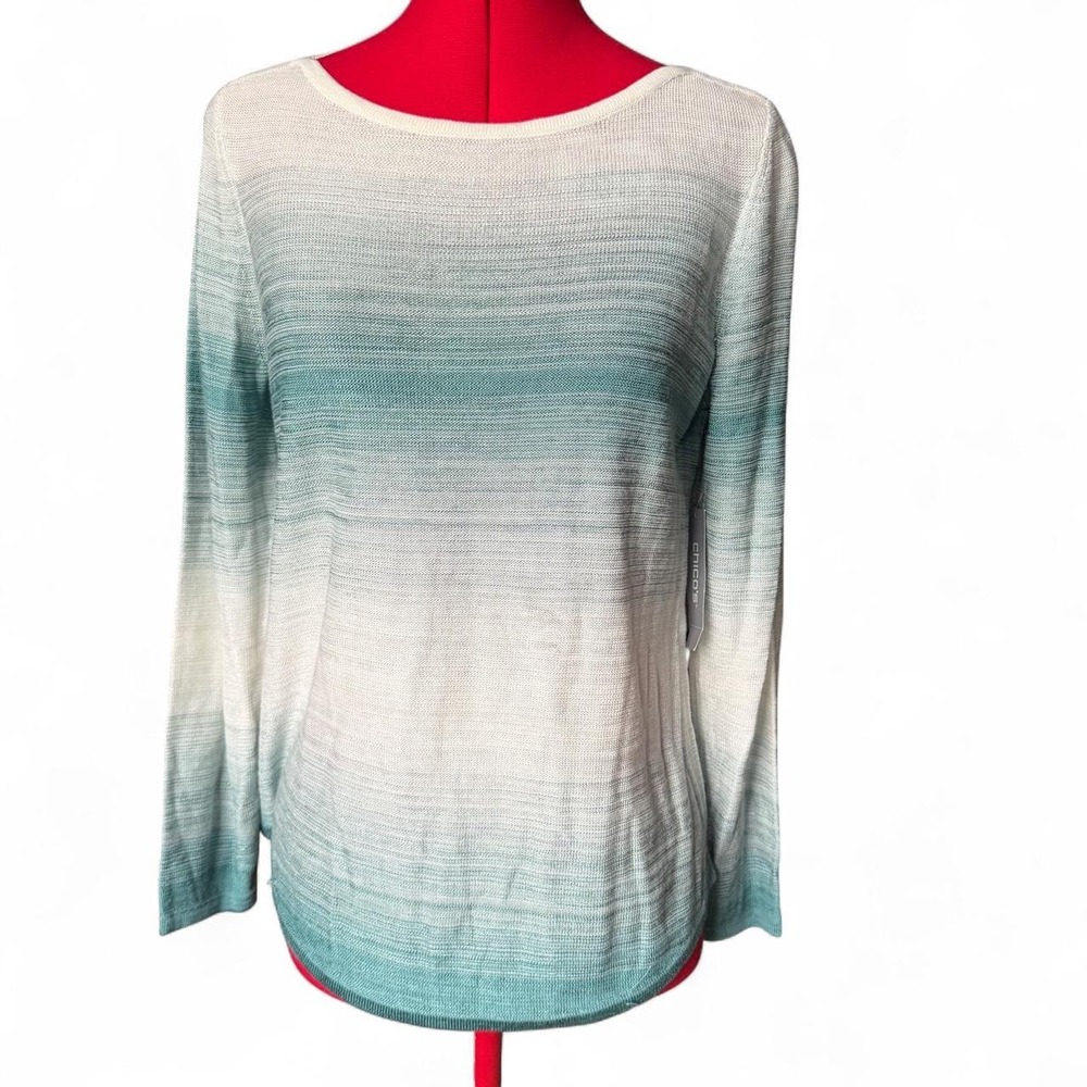 Chico's Pullover Sweater Ombré Bateau in Jasper Blue & Cream Boho Classic Casual